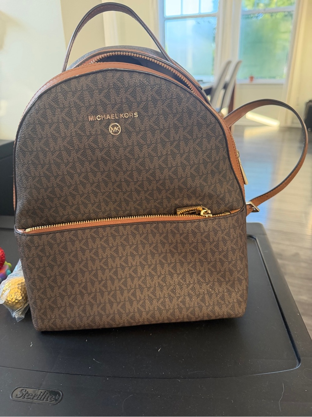 Michael Kors Brown MK Monogram Backpack with Tan Trim